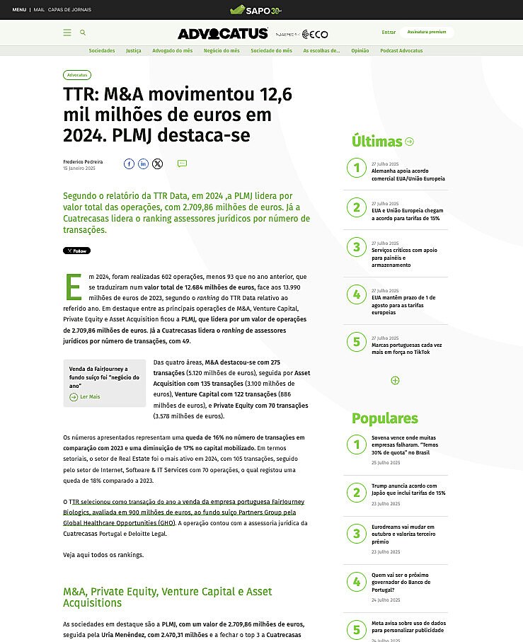 TTR: M&A movimentou 12,6 mil milhes de euros em 2024. PLMJ destaca-se